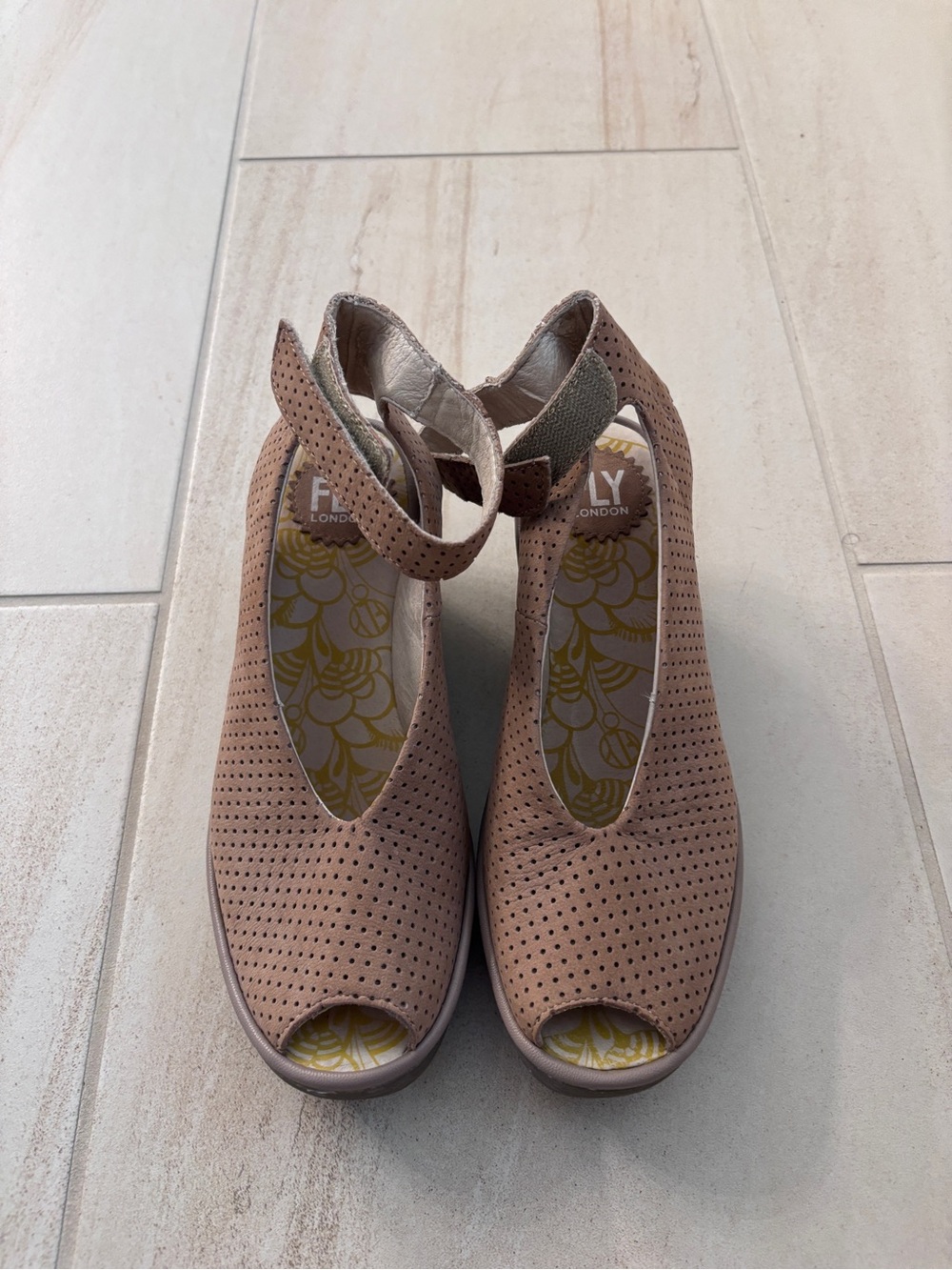 Fly London Women’s Taupe Perforated Peep-Toe Wedge Heels
